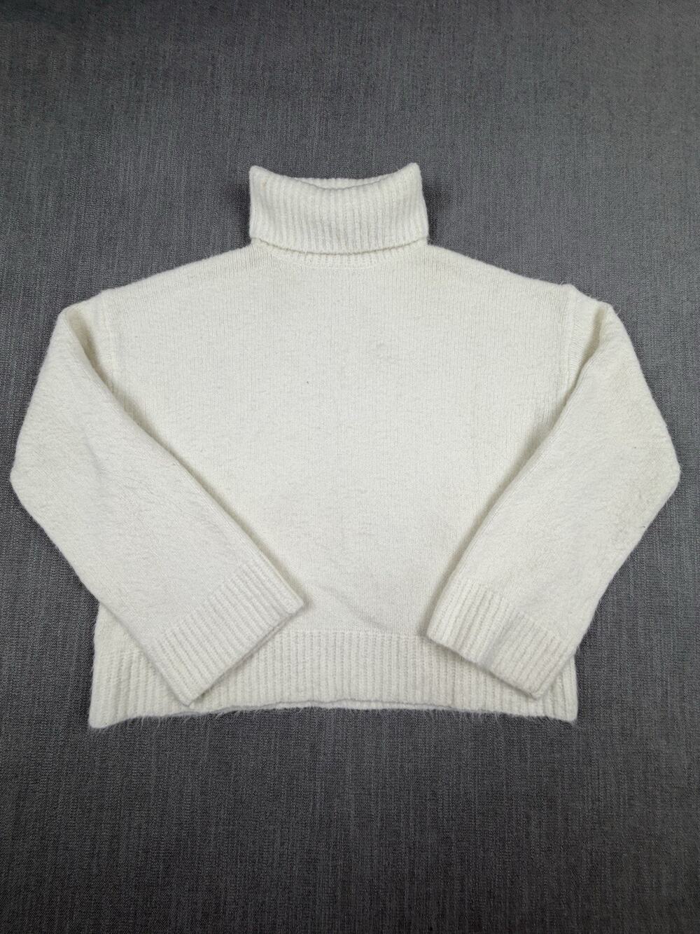 SNDYS Women’s Large Cream Turtleneck Sweater Wool Blend Boxy Cropped Knit